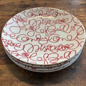 4 Crate and Barrel Red/White Christmas Script 8.5" Holiday Luncheon Salad Plates